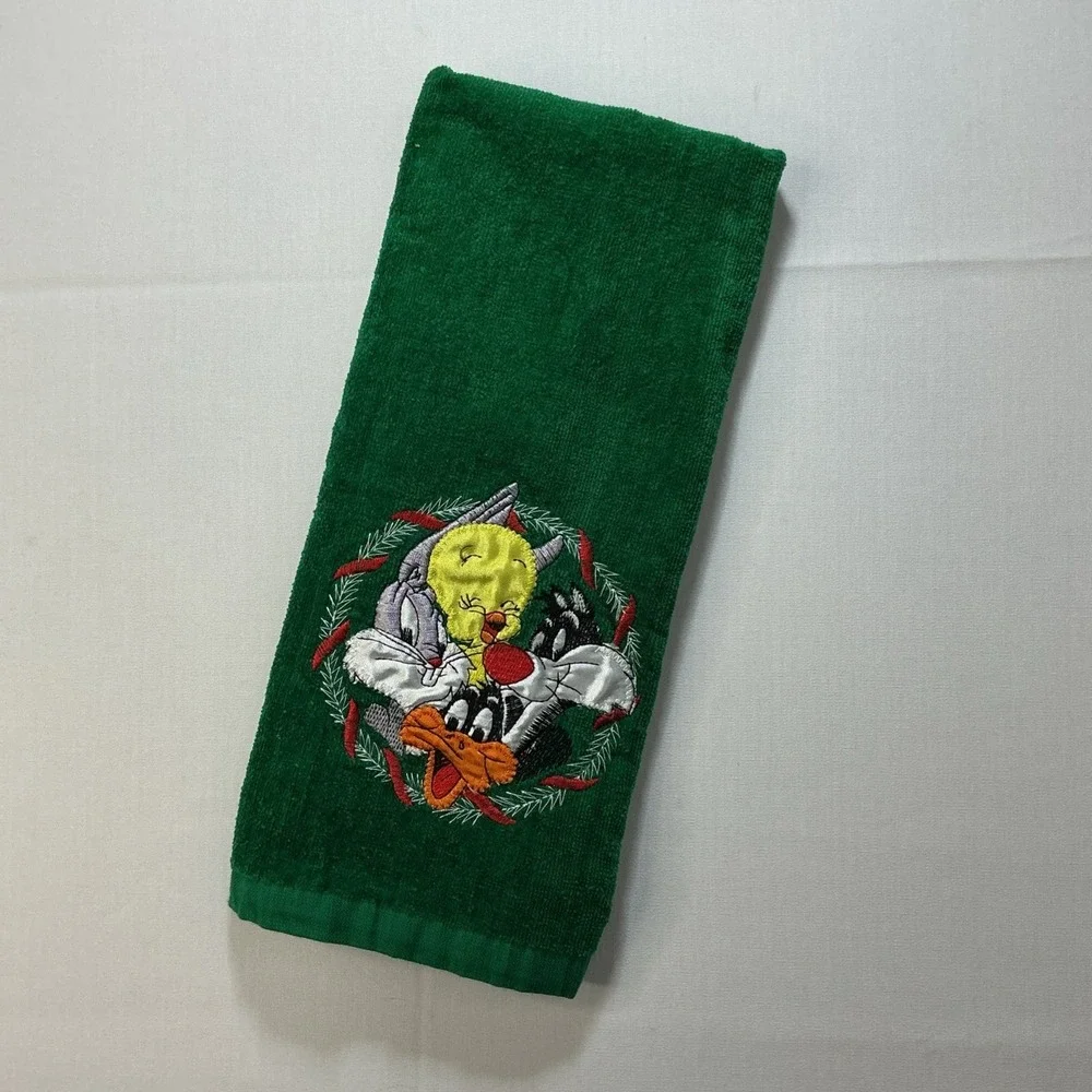 VTG 90s Looney Tunes Christmas Hand Towel Green Bugs Daffy Tweety‎ Sylvester EUC